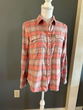 LL Bean Coral and Gray Plaid Button-Up Shirt~Size 6